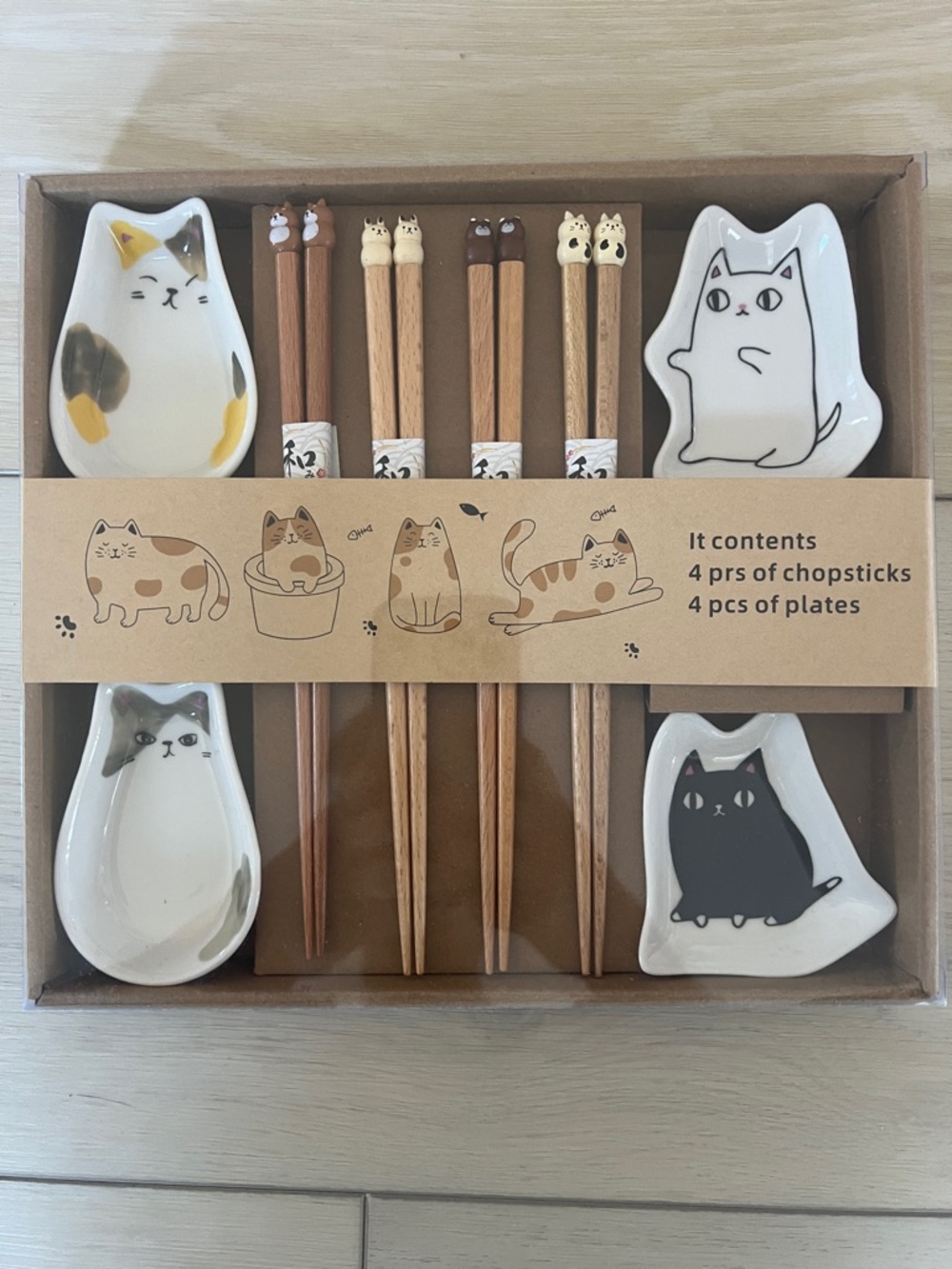 Cat Ceramic Chopstick Rests & Wooden Chopsticks Set - Multicolor